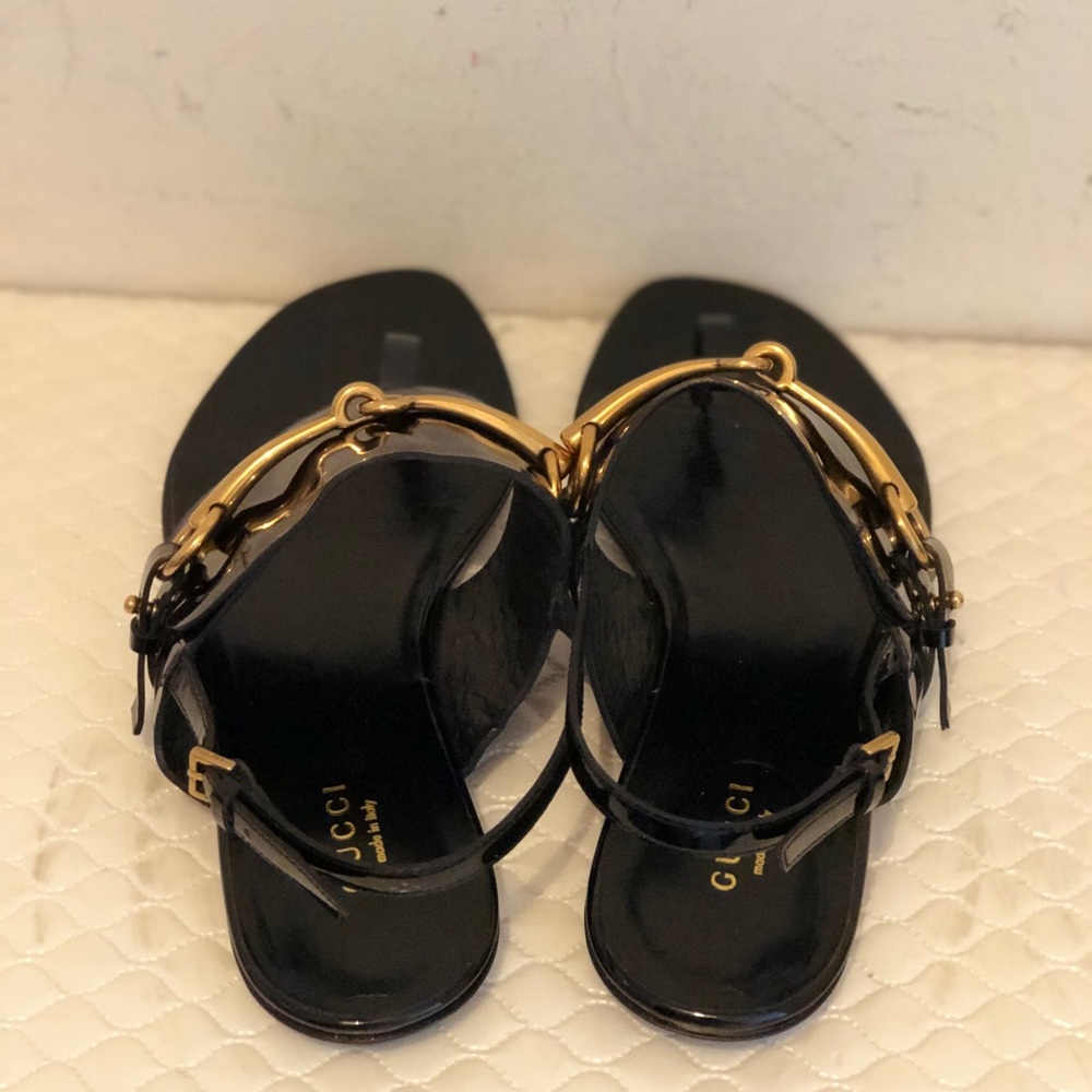 Gucci Black Patent Leather Gold Horsebit Slingback Sandals - Picture 2 of 8